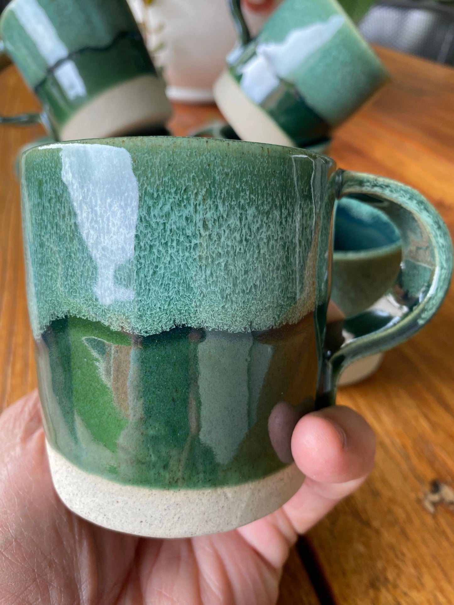 Hand Thrown Green And White Stoneware Mug Bruce Wood Ceramics